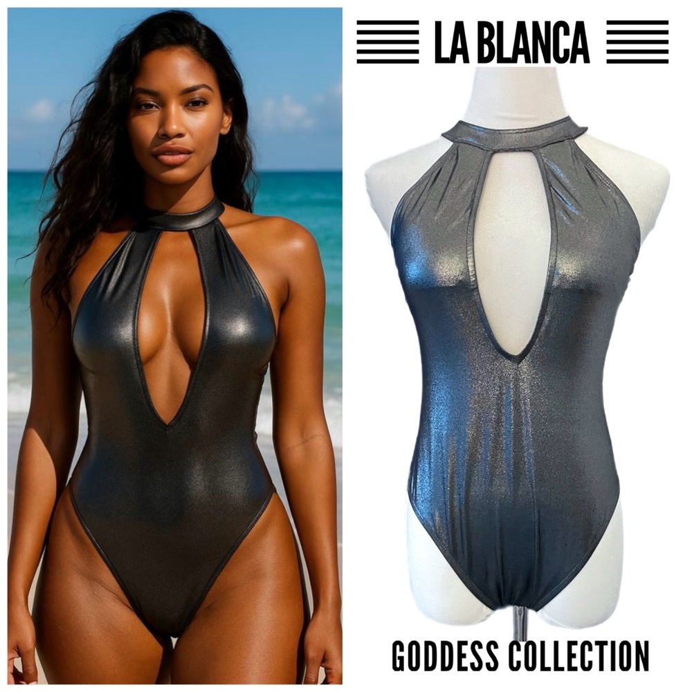 NEW La Blanca One Piece Silver Metallic Plunge Keyhole Halter Swimsuit Sz 8 NWT